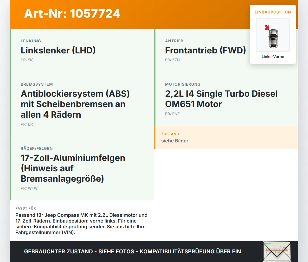 Jeep Compass MK49 10-14 2,1 120KW Bremssattel Bremszange Vorne Links Jeep Compass MK49 10-14 31.01.2014 5191239AA... Vorschau 3
