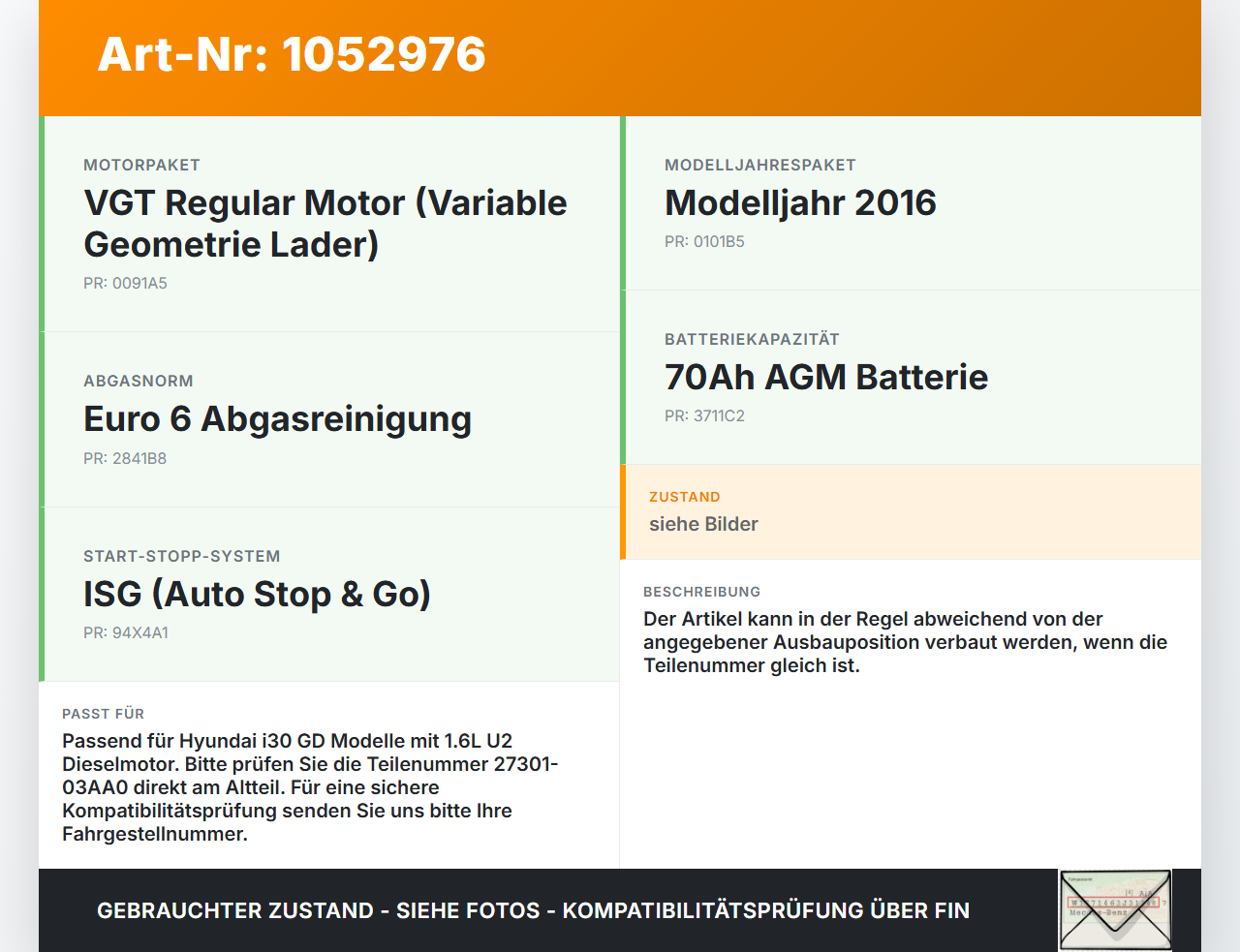 Hyundai I 30 GD 15-17 CRDi 1,6 81KW Zündspule Zyl.2 Hyundai I 30 GD 15-17 30.10.2015 27301-03AA0 gebraucht Vorschau 3
