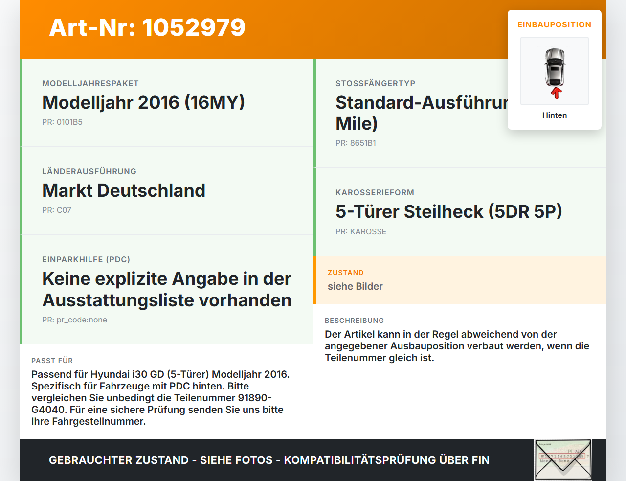Hyundai I 30 GD 15-17 PDC Kabelbaum Pos.1 Hinten Hyundai I 30 GD 15-17 30.10.2015 91890-G4040 gebraucht Vorschau 3
