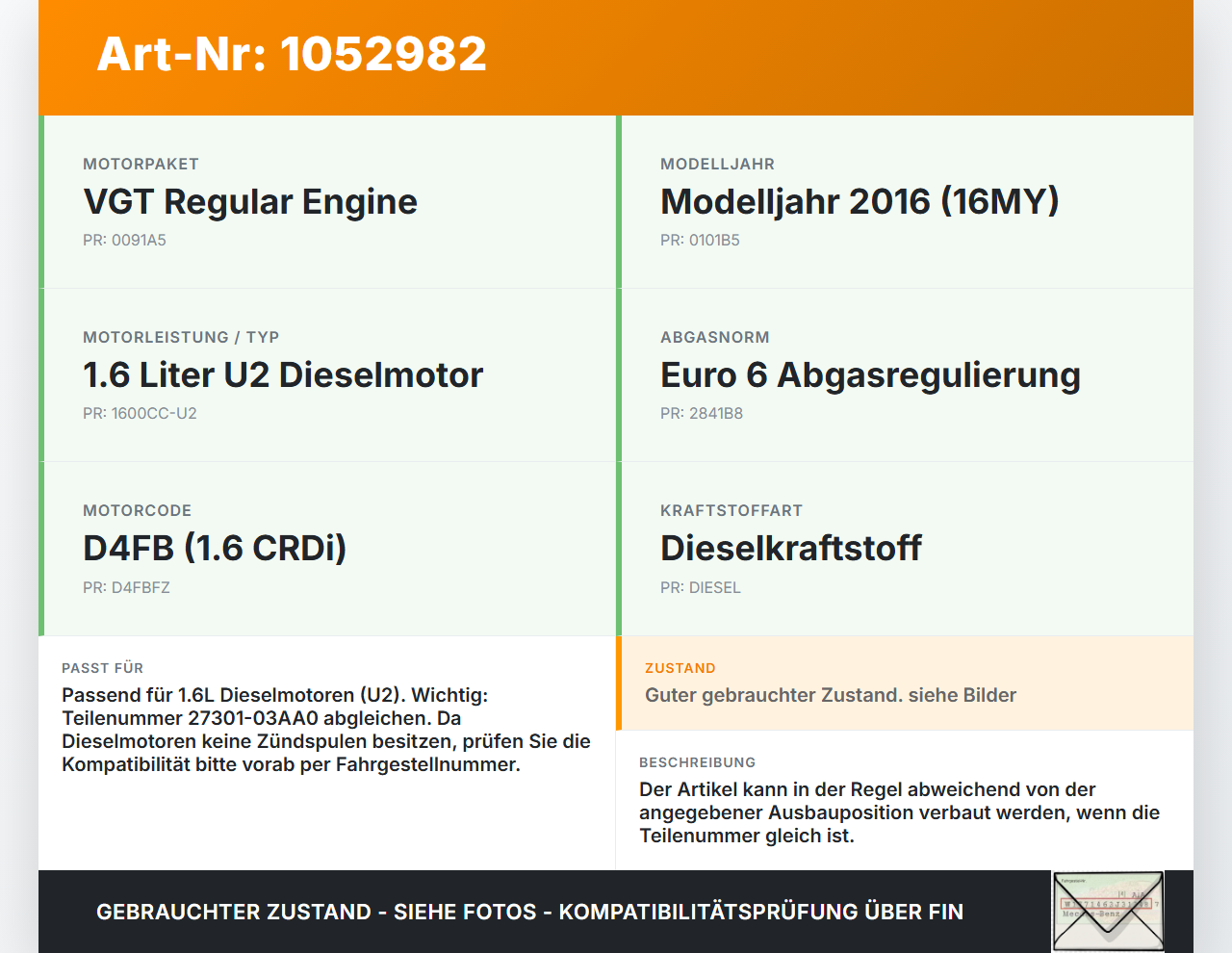 Hyundai I 30 GD 15-17 CRDi 1,6 81KW Zündspule Zyl.3 Hyundai I 30 GD 15-17 30.10.2015 27301-03AA0 gebraucht Vorschau 3