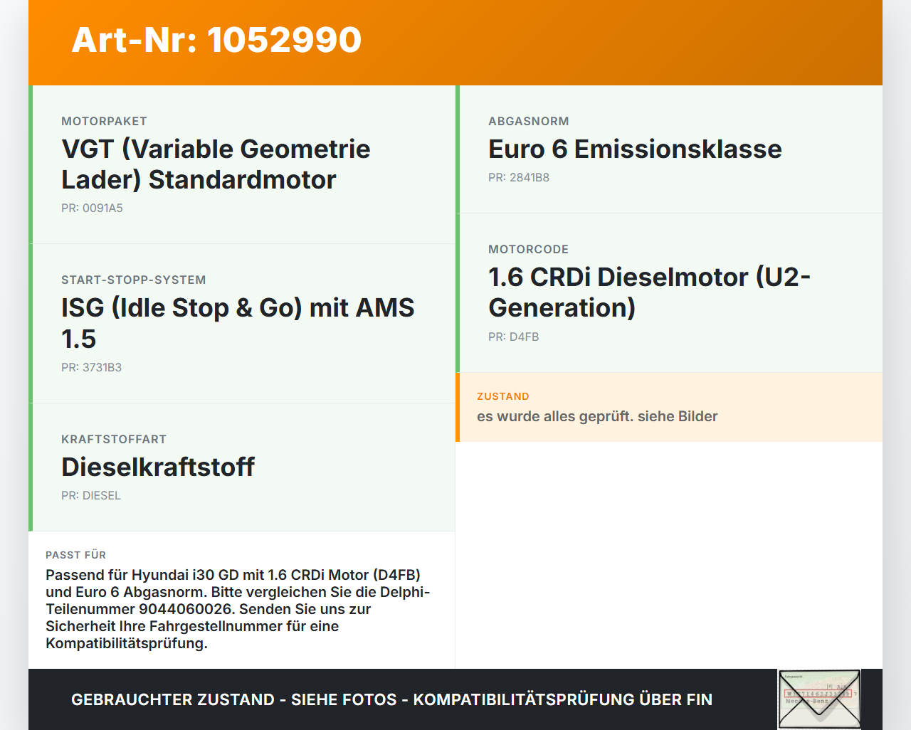 Hyundai I 30 GD 15-17 CRDi 1,6 81KW D4FB Ventile Ventil Hyundai I 30 GD 15-17 30.10.2015 29010-03AA0 9044060026... Vorschau 3