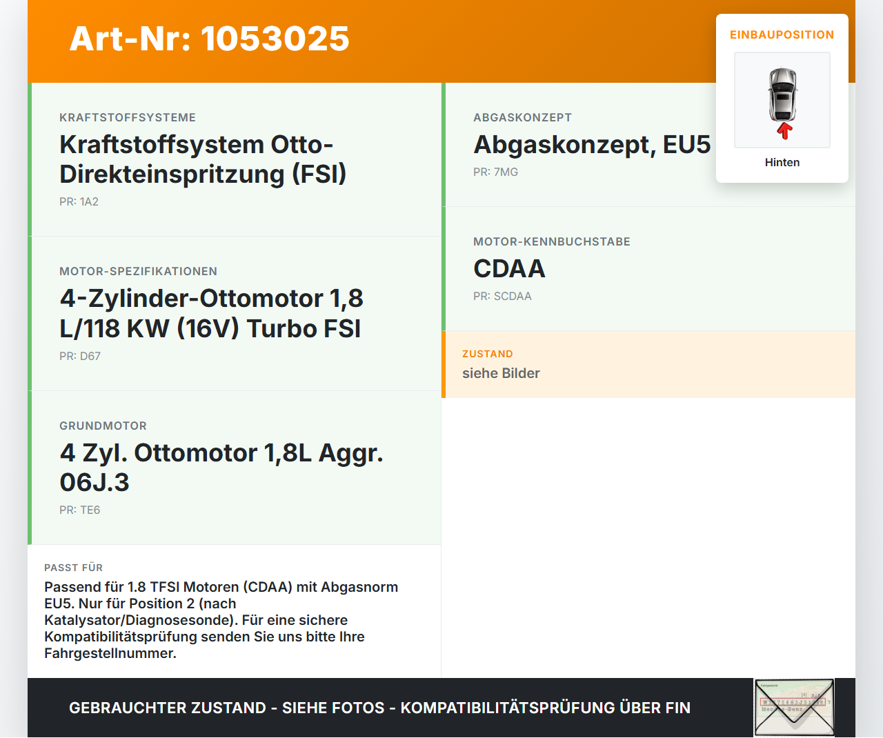 VW Passat 3C B7 10-14 TFSI 1,8 118KW Lambdasonde Pos.2 Hinten VW Passat 3C B7 10-14 21.03.2011 1K0973804 gebraucht Vorschau 3