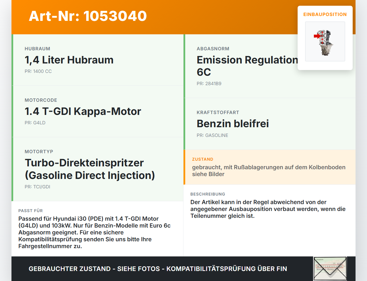 Hyundai PDE 17-20 1,4i 103KW G4LD Kolben mit Pleuel Pos C Hyundai PDE 17-20 28.03.2019 gebraucht Vorschau 3