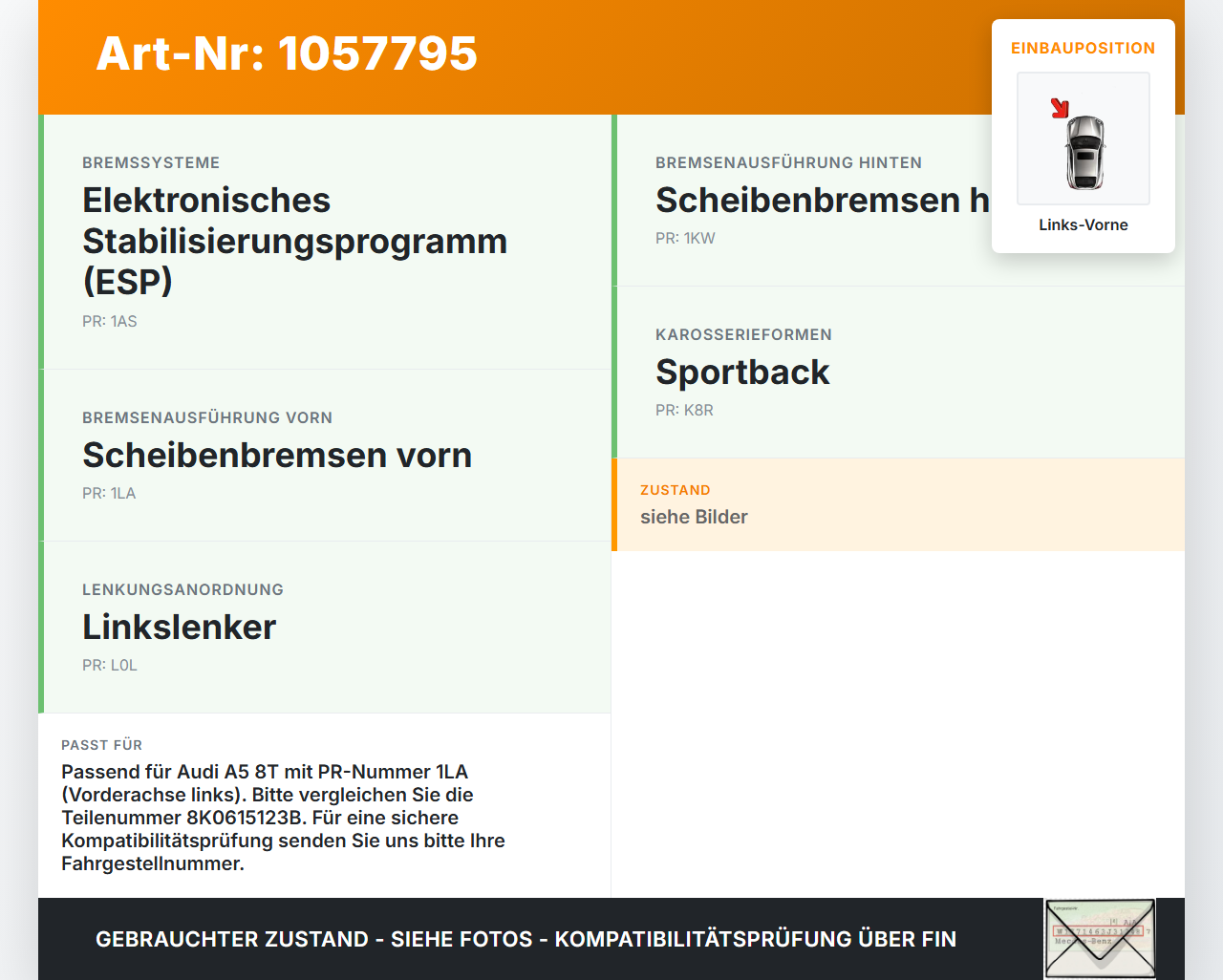 Audi Audi A5 8T 09-11 TDI 2,7 140KW Bremssattel Bremszange Vorne Links Audi Audi A5 8T 09-11 20.04.2011 8K0615123B... Vorschau 3