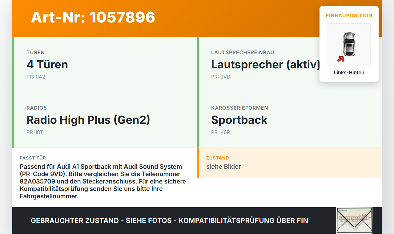 Audi A1 Sportback 18-24 Lautsprecher Links Hinten Audi A1 Sportback 18-24 29.03.2019 82A035709 gebraucht Vorschau 3