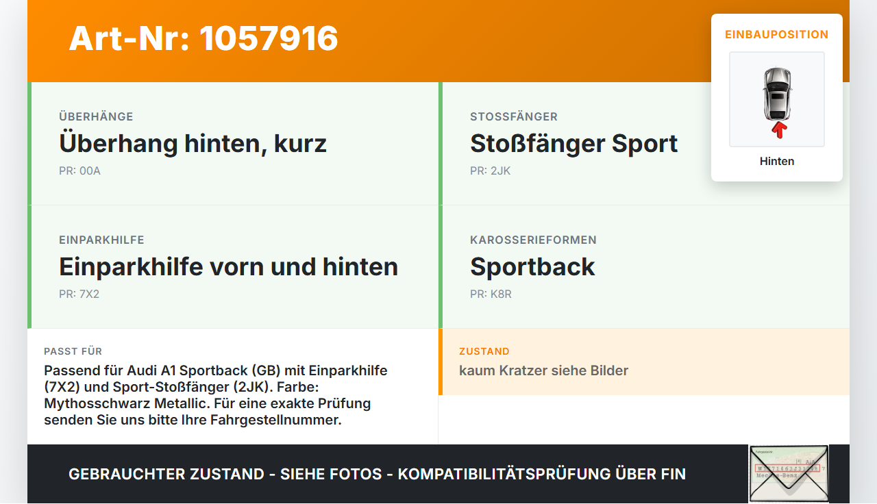 Audi A1 Sportback 18-24 Abstands Sensor Parksensor PDC Einparkhilfe Hinten Innen Pos.2 Audi A1 Sportback 18-24... Vorschau 3
