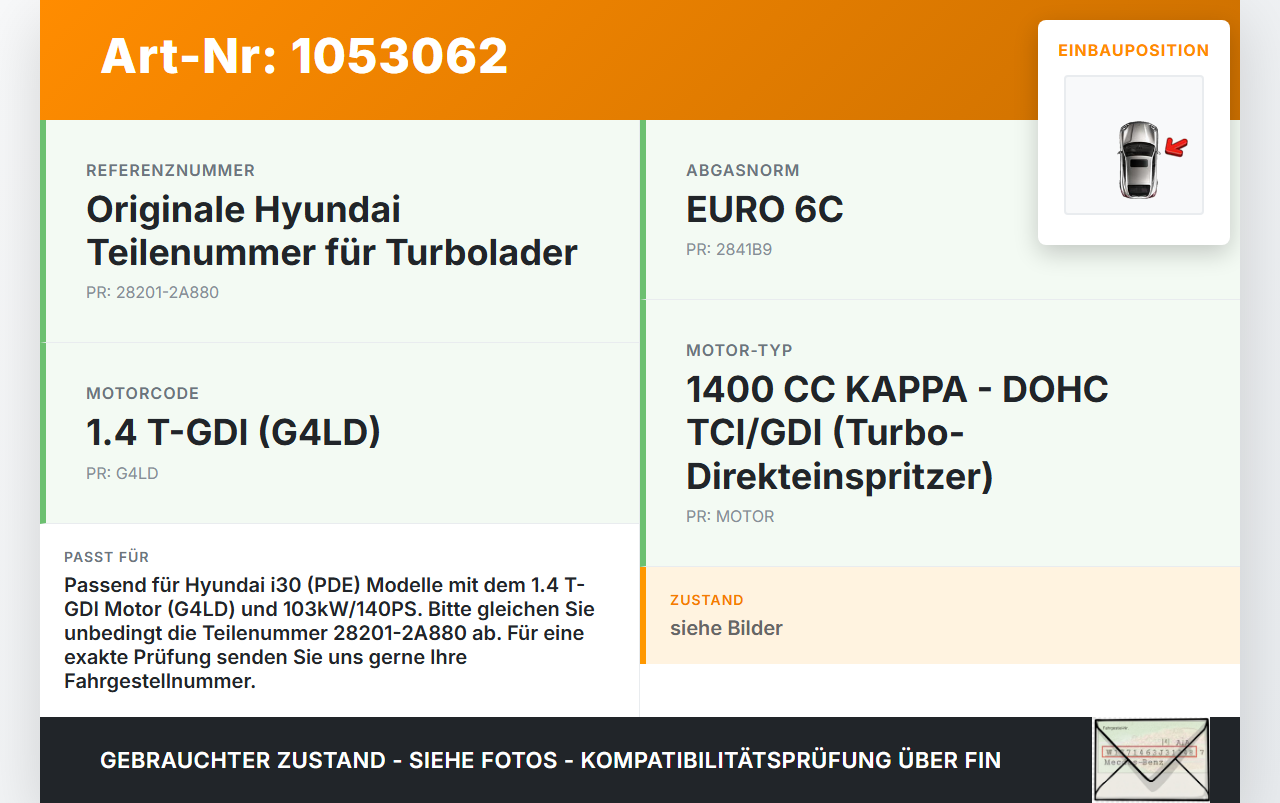 Hyundai PDE 17-20 1,4i 103KW G4LD Turbolader Turbo Hyundai PDE 17-20 28.03.2019 28201-2A880 gebraucht Vorschau 3