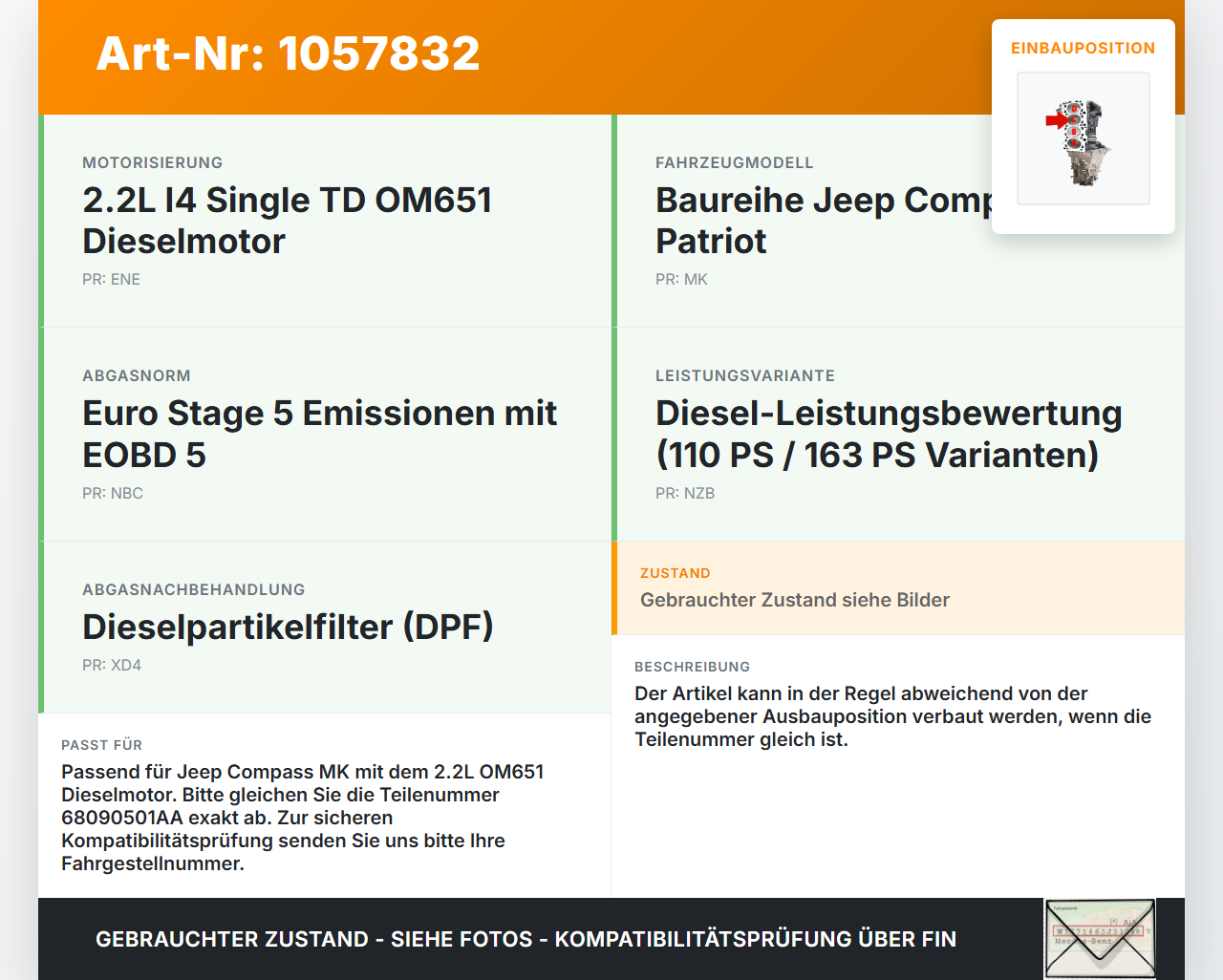 Jeep Compass MK49 10-14 2,1 120KW OM651 Kolben mit Pleuel Pos C Jeep Compass MK49 10-14 31.01.2014 68090501AA gebraucht Vorschau 3