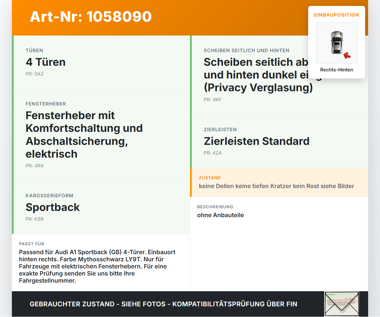 Audi A1 Sportback 18-24 Tür Rechts Hinten LY9T Audi A1 Sportback 18-24 29.03.2019 82G833052 gebraucht Vorschau 3
