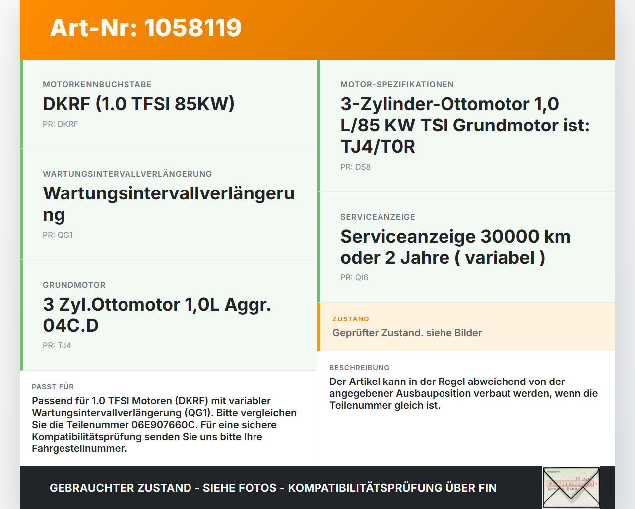 Audi A1 Sportback 18-24 1,0 85KW DKRF Ölstandsensor Audi A1 Sportback 18-24 29.03.2019 06E907660C 6PR010418-20 gebraucht Vorschau 3