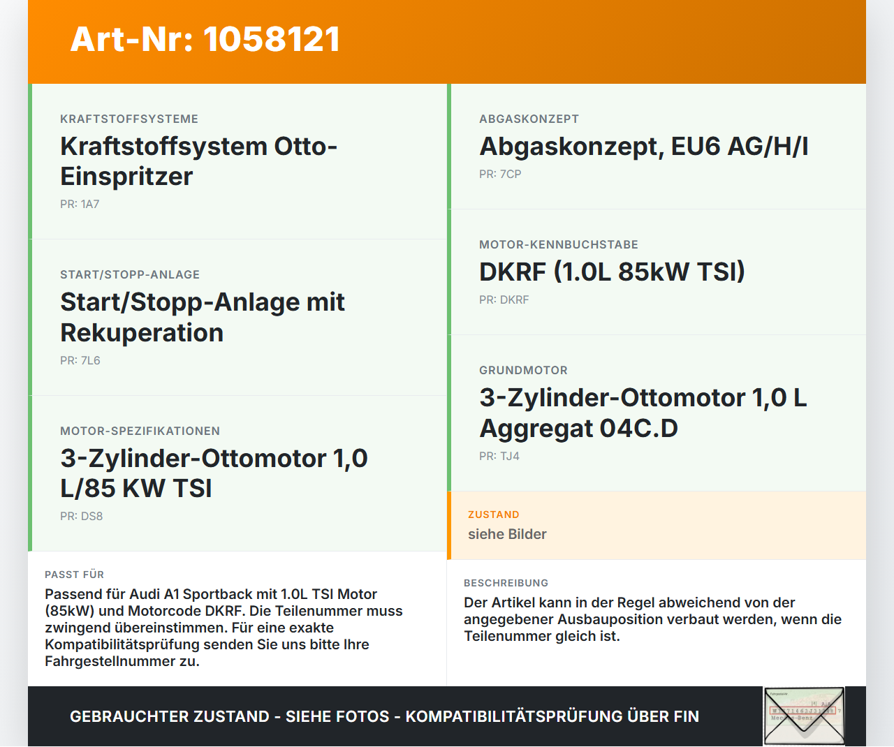 Audi A1 Sportback 18-24 1,0 85KW Injektor Einspritzdüse Zyl.1 Audi A1 Sportback 18-24 29.03.2019 04E906036AL... Vorschau 3
