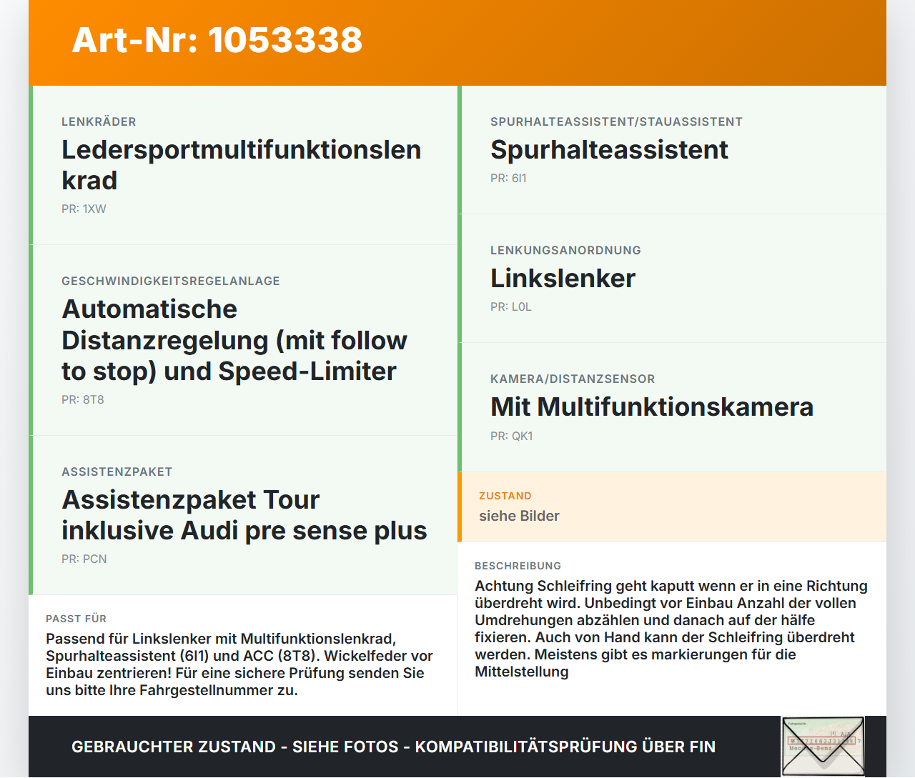Audi A4 8W B9 15-19 Airbag Schleifring Wickelfeder Audi A4 8W B9 15-19 05.04.2016 30S10098892-08 10234109... Vorschau 3