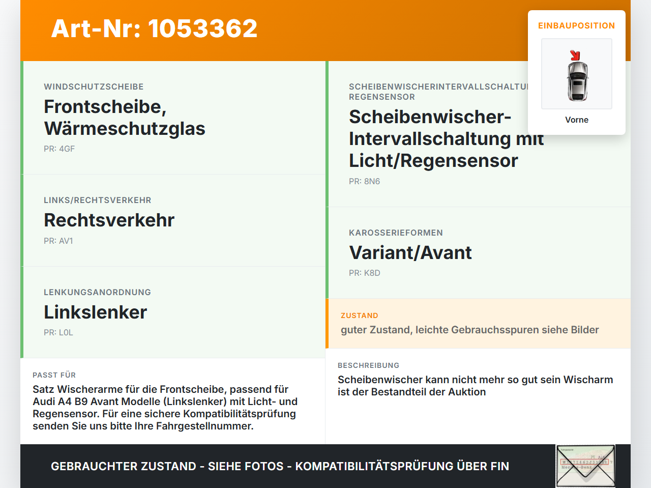 Audi A4 8W B9 15-19 Satz Wischerarme Scheibenwischer Vorne Audi A4 8W B9 15-19 05.04.2016 8W1955407 gebraucht Vorschau 3