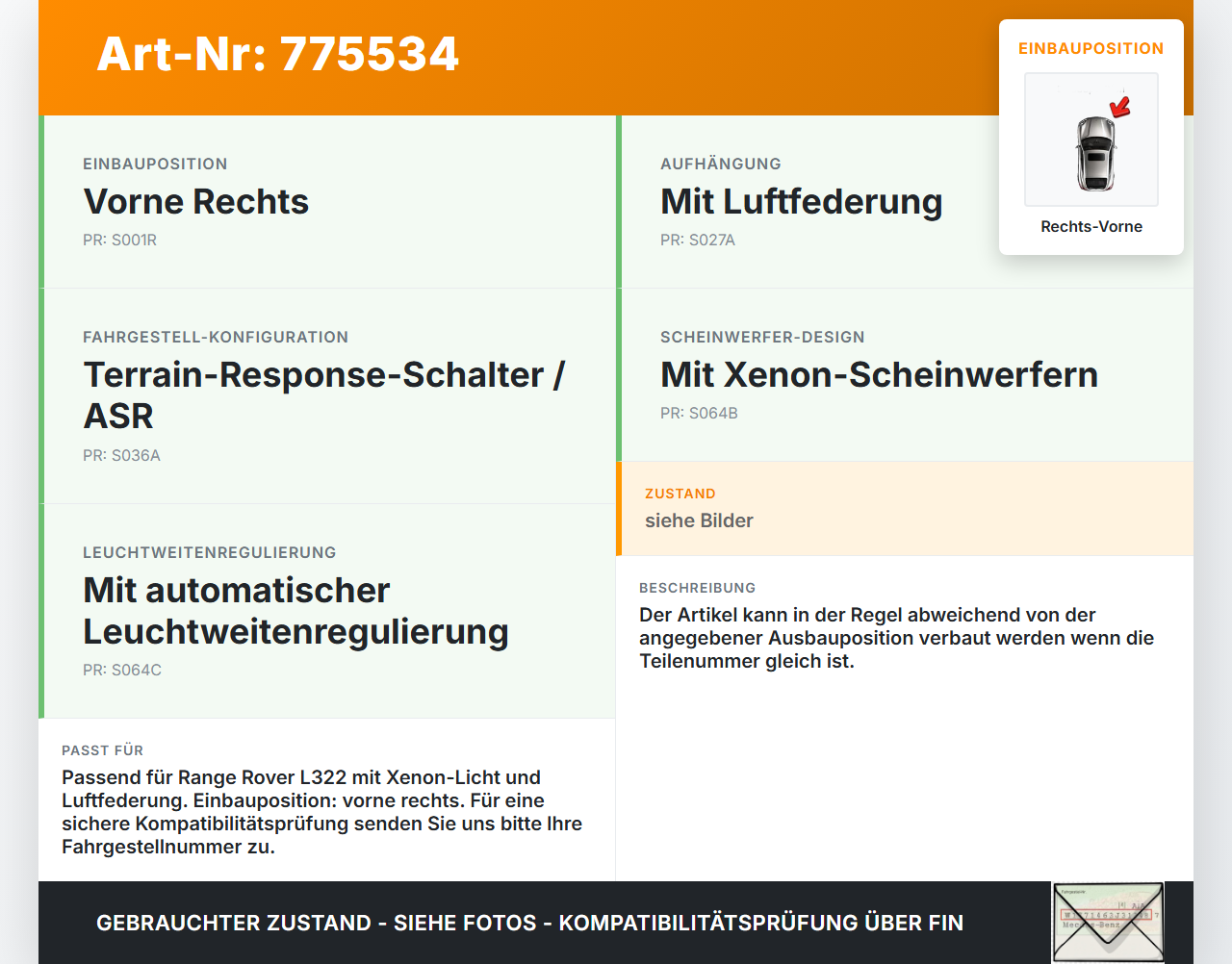 Land Range Rover III L322 Xenon LWR Sensor Neigung Rechts Vorne Land Range Rover III L322 29.06.2007 gebraucht Vorschau 3
