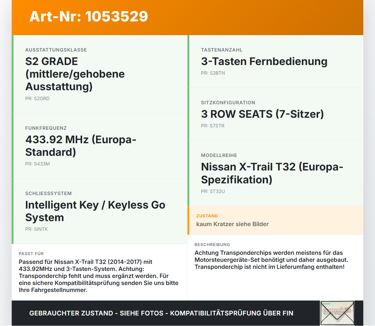 Nissan X-Trail T32 14-17 Funkschlüssel Fernbedienung 3 Tasten 433.92Mhz Nissan X-Trail T32 14-17 09.03.2015... Vorschau 3