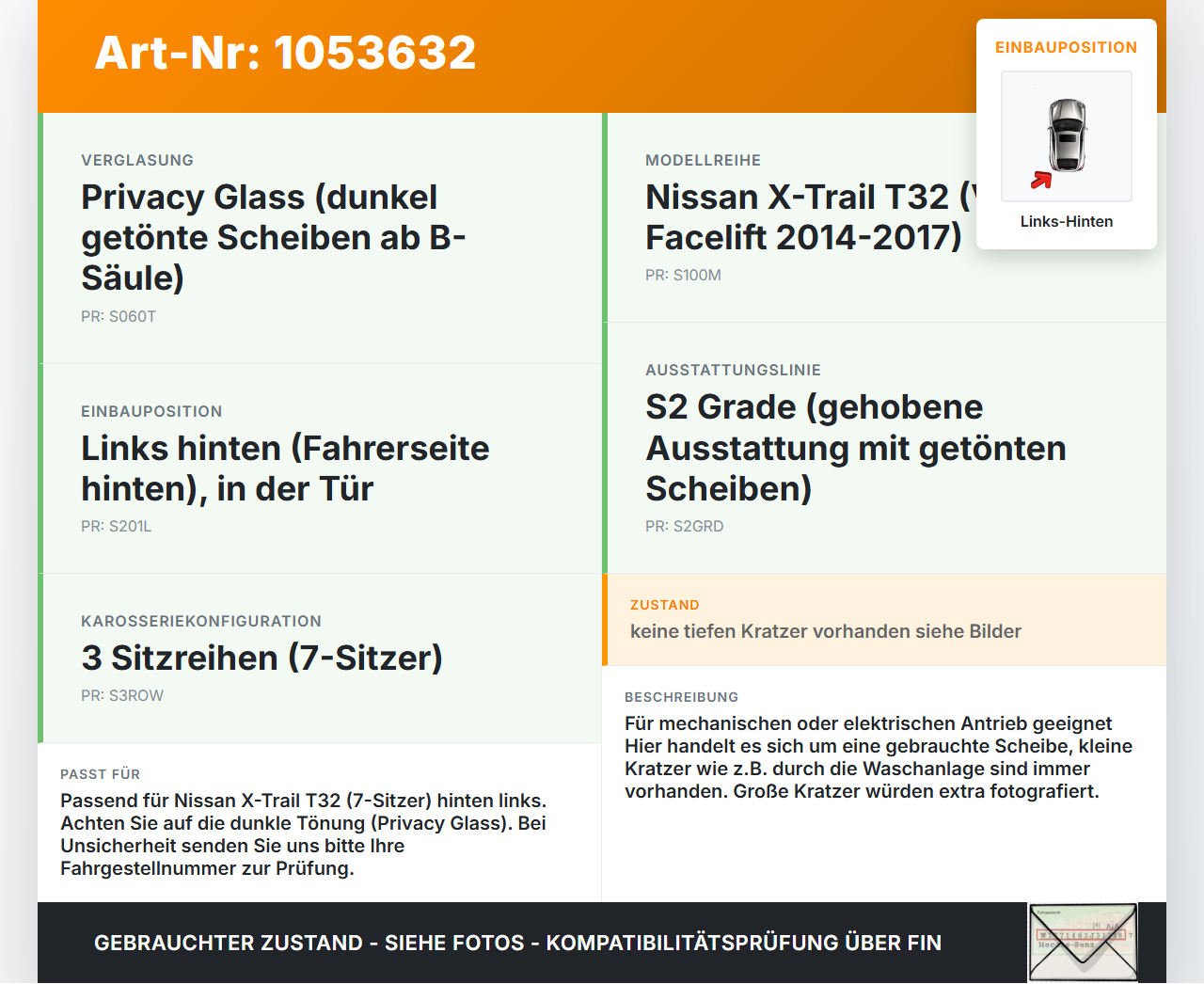 Nissan X-Trail T32 14-17 Seitenscheibe LHK  für Türscheibe Fenster Links Hinten Nissan X-Trail T32 14-17 09.03.2015... Vorschau 3