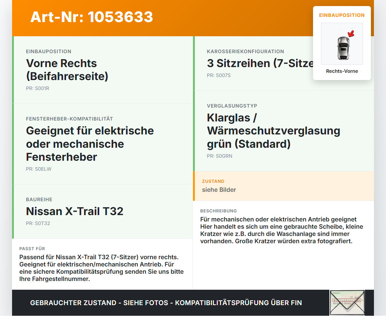 Nissan X-Trail T32 14-17 Seitenscheibe RVK Türscheibe Rechts Vorne Nissan X-Trail T32 14-17 09.03.2015 gebraucht Vorschau 3