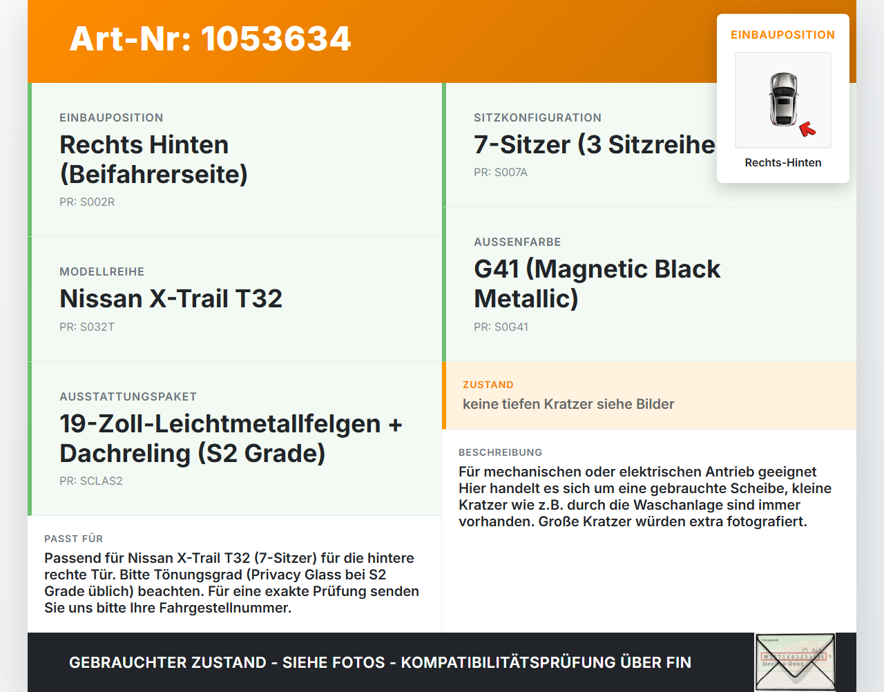 Nissan X-Trail T32 14-17 Seitenscheibe RHK Türscheibe Rechts Hinten Nissan X-Trail T32 14-17 09.03.2015 gebraucht Vorschau 3