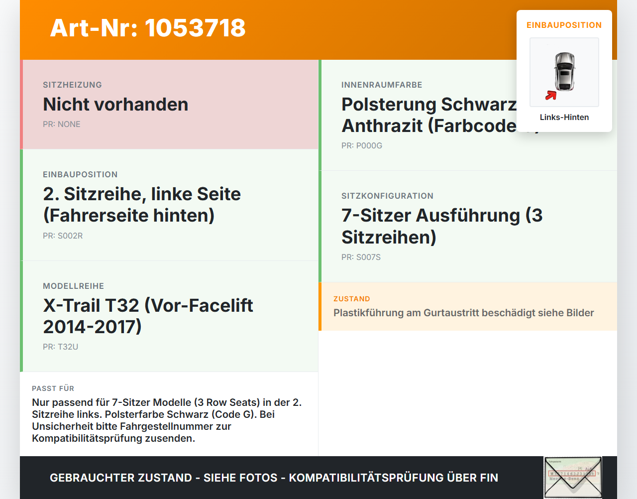 Nissan X-Trail T32 14-17 Sitz Links Hinten 2te Reihe Nissan X-Trail T32 14-17 09.03.2015 gebraucht Vorschau 3