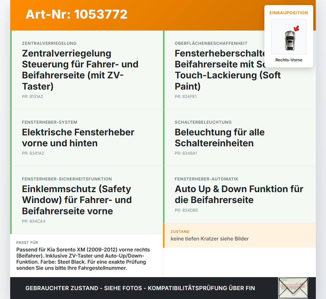 Kia Sorento XM 09-12 Fensterheberschalter Schalter Rechts Vorne ZV Schalter Kia Sorento XM 09-12 19.05.2010... Vorschau 3