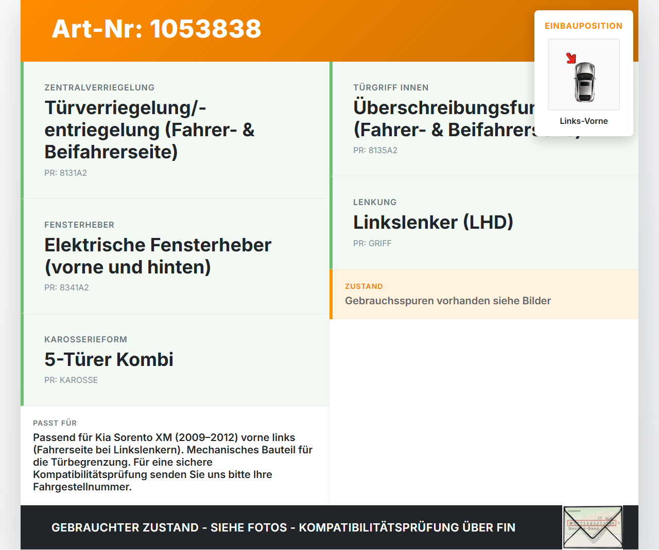 Kia Sorento XM 09-12 Türfangband Türbremse Türanschlag Links Vorne Kia Sorento XM 09-12 19.05.2010 gebraucht Vorschau 3