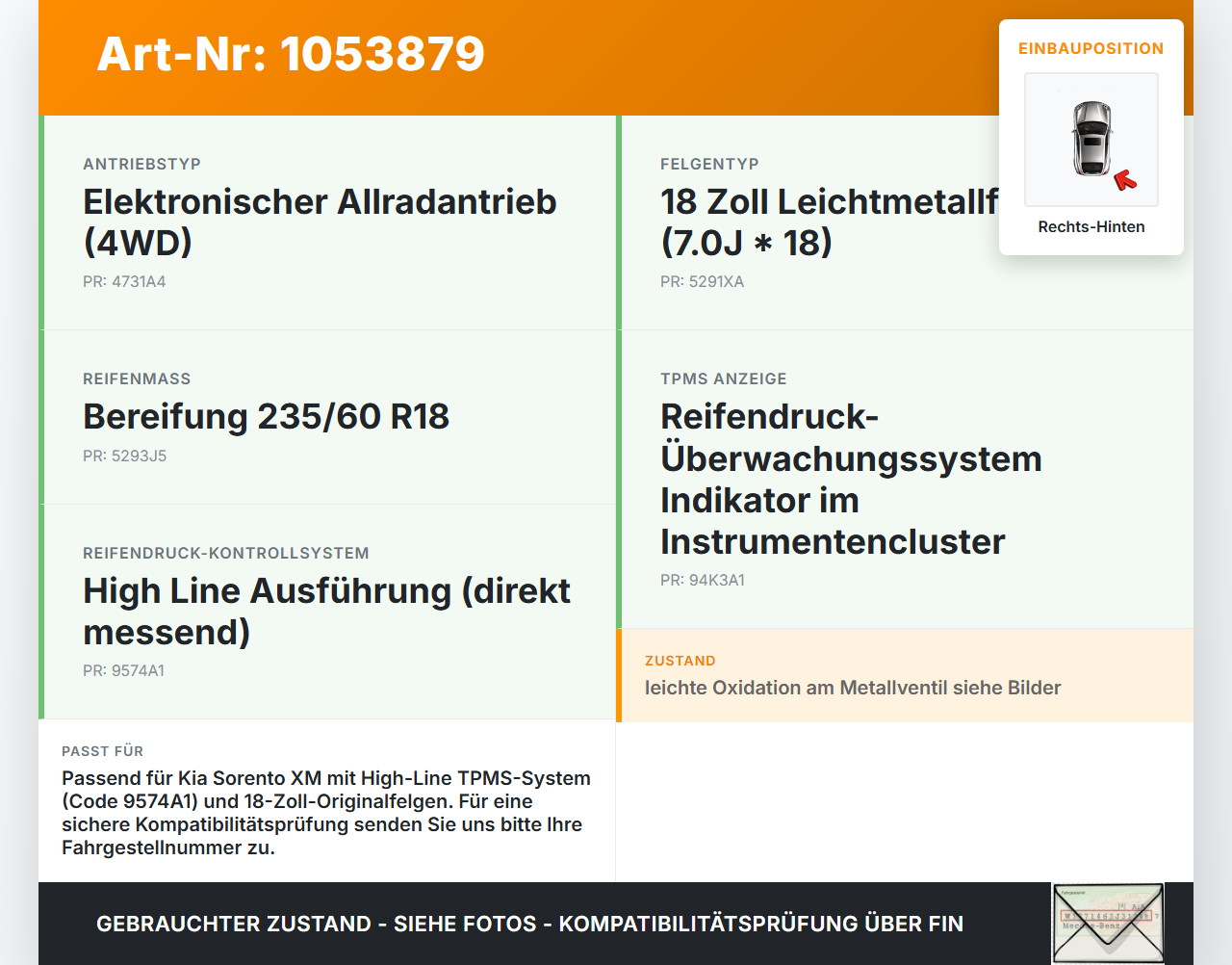 Kia Sorento XM 09-12 Reifendruck Sensor Radsensor Reifendrucksensor Hinten Rechts Kia Sorento XM 09-12 19.05.2010... Vorschau 3