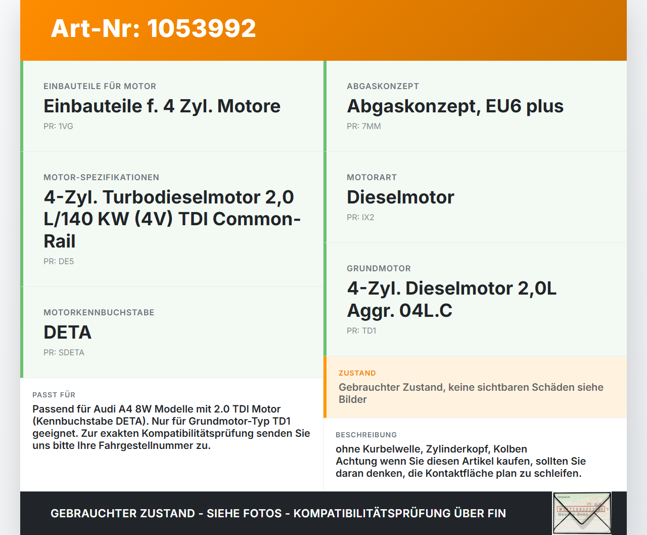 Audi A4 8W B9 15-19 TDI 2,0 110KW DETA Motorblock für Motor Audi A4 8W B9 15-19 05.04.2016 04L100103NX 03N023C gebraucht Vorschau 3