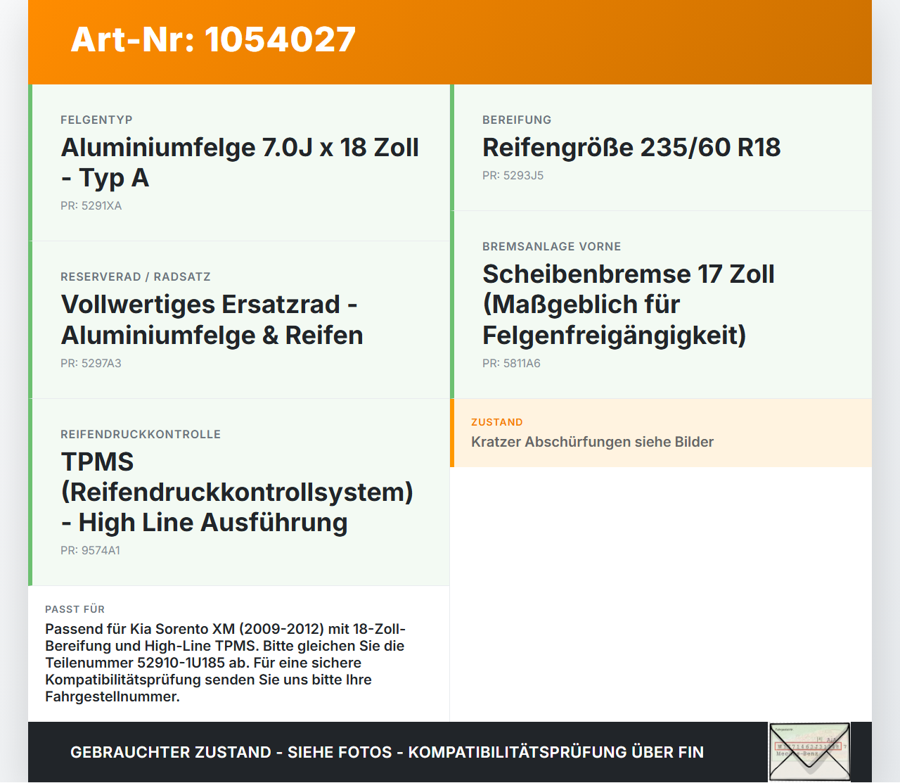 Kia Sorento XM 09-12 1 x Felge Aluminiumfelge 18 Zoll 5X114.3 Kia Sorento XM 09-12 19.05.2010 52910-1U185 gebraucht Vorschau 3