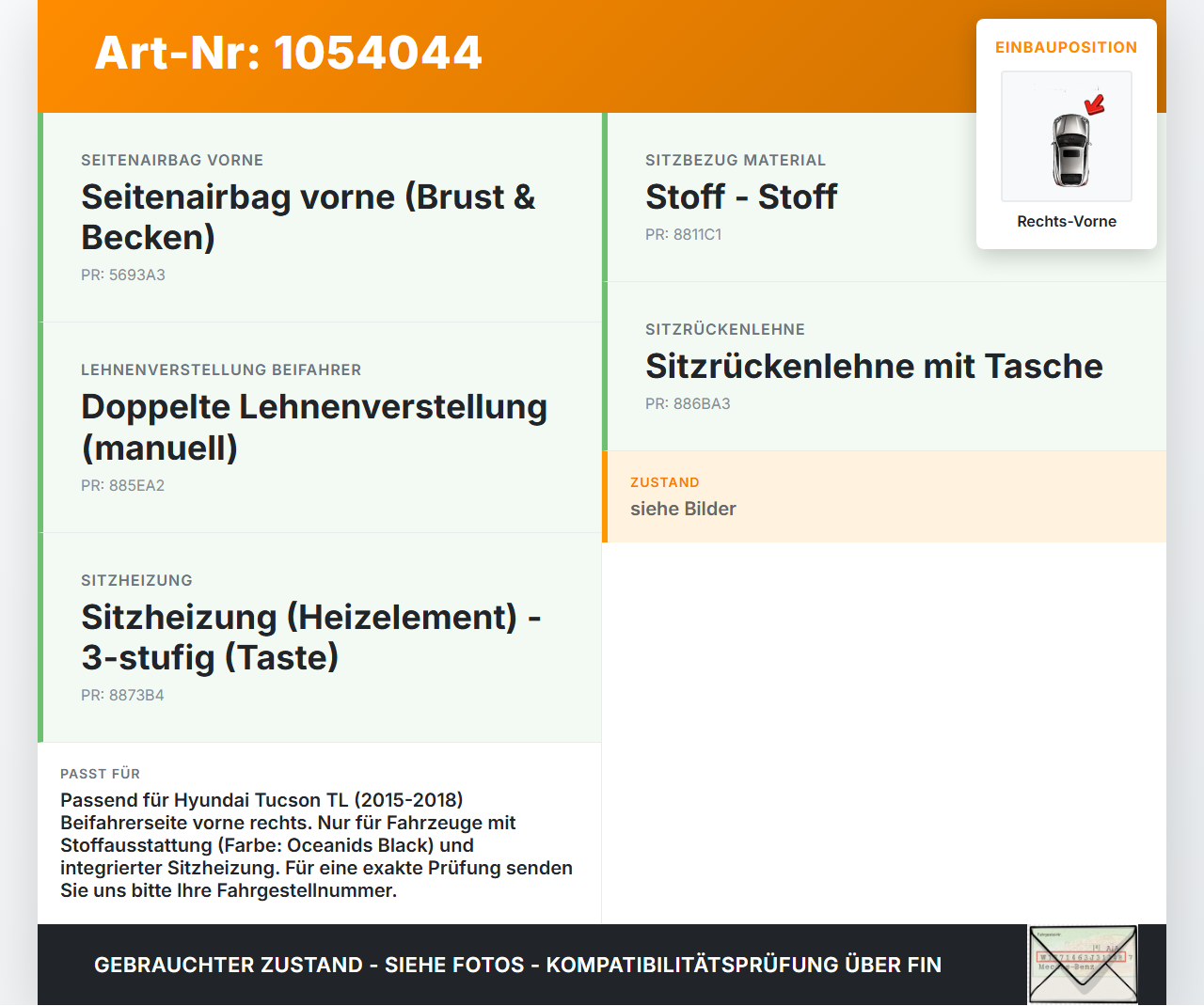 Hyundai Tucson TL 15-18 Sitzbezug Sitzpolster für Beifahrersitz Rechts Vorne beheizt Hyundai Tucson TL 15-18... Vorschau 3