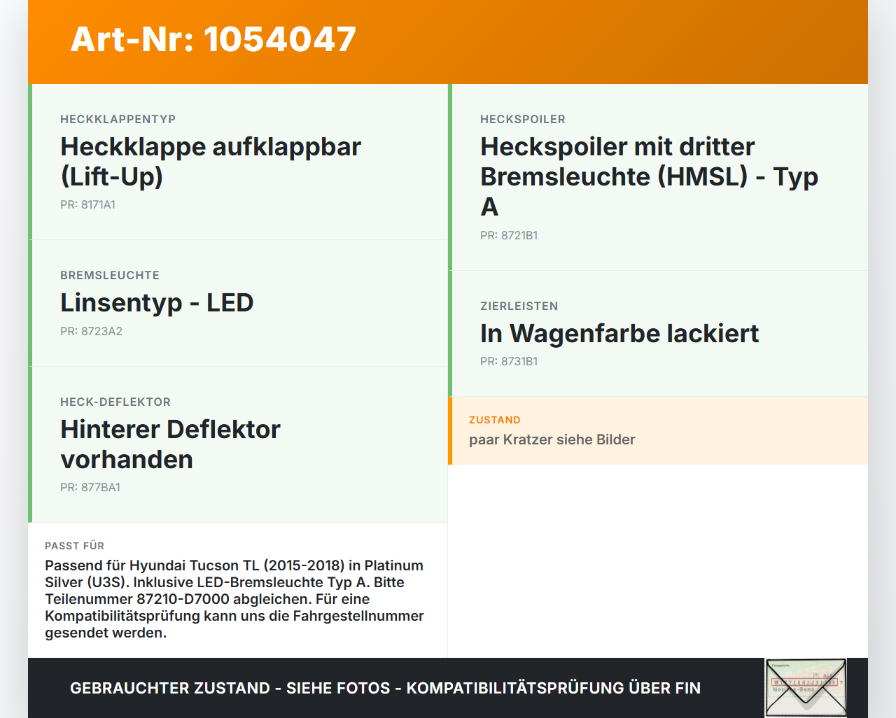 Hyundai Tucson TL 15-18 Spoiler für Heckklappe U3S Hyundai Tucson TL 15-18 30.03.2017 87210-D7000 gebraucht Vorschau 3