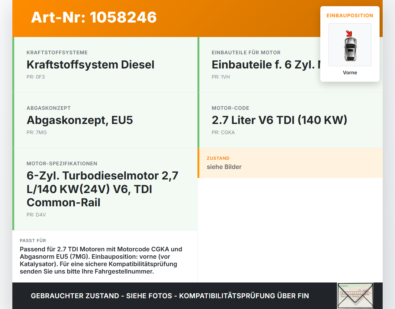 Audi Audi A5 8T 09-11 TDI 2,7 140KW Lambdasonde Sauerstoffsonde Vorne Audi Audi A5 8T 09-11 20.04.2011 1K0998262AD... Vorschau 3