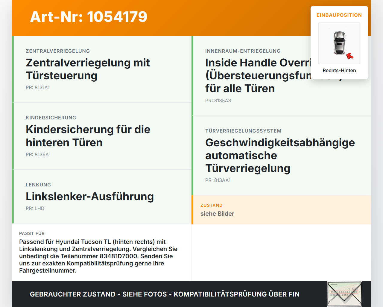 Hyundai Tucson TL 15-18 Türschloss m. ZV Stellmotor Rechts Hinten Hyundai Tucson TL 15-18 30.03.2017 81420-D7510... Vorschau 3