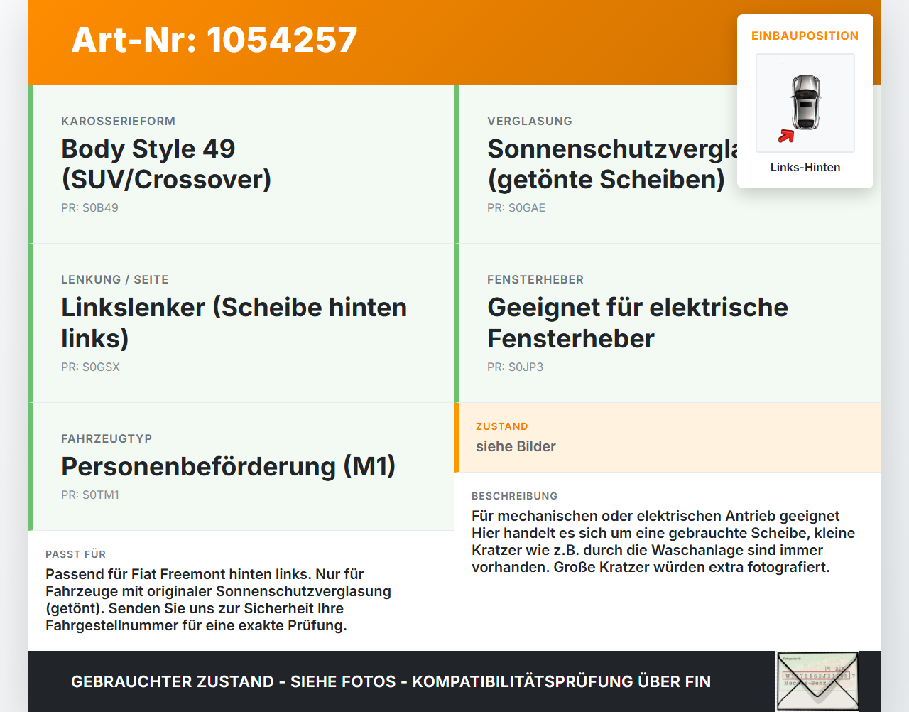 Fiat Freemont 11-16 Seitenscheibe LHK für Tür Fenster Scheibe Links Hinten Orig. getönt Fiat Freemont 11-16... Vorschau 3