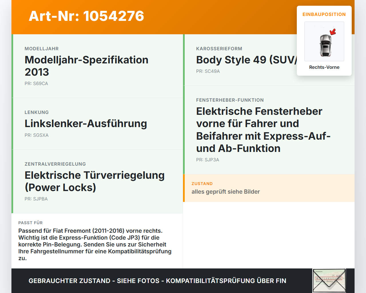 Fiat Freemont 11-16 Fensterhebermotor Rechts Vorne Fiat Freemont 11-16 17.02.2011 C22330-100 WR12-769 gebraucht Vorschau 3