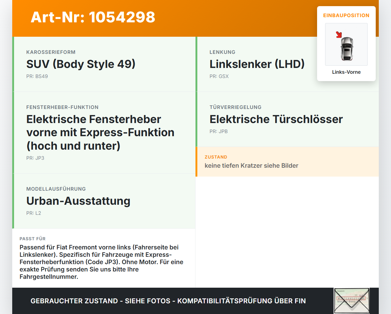 Fiat Freemont 11-16 Fensterheber o. FH-Motor Links Vorne Fiat Freemont 11-16 17.02.2011 966096-101 gebraucht Vorschau 3