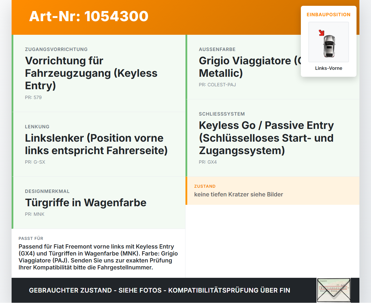Fiat Freemont 11-16 Türgriff Griff aussen Links Vorne Keyless Entry PAJ Fiat Freemont 11-16 17.02.2011 gebraucht Vorschau 3