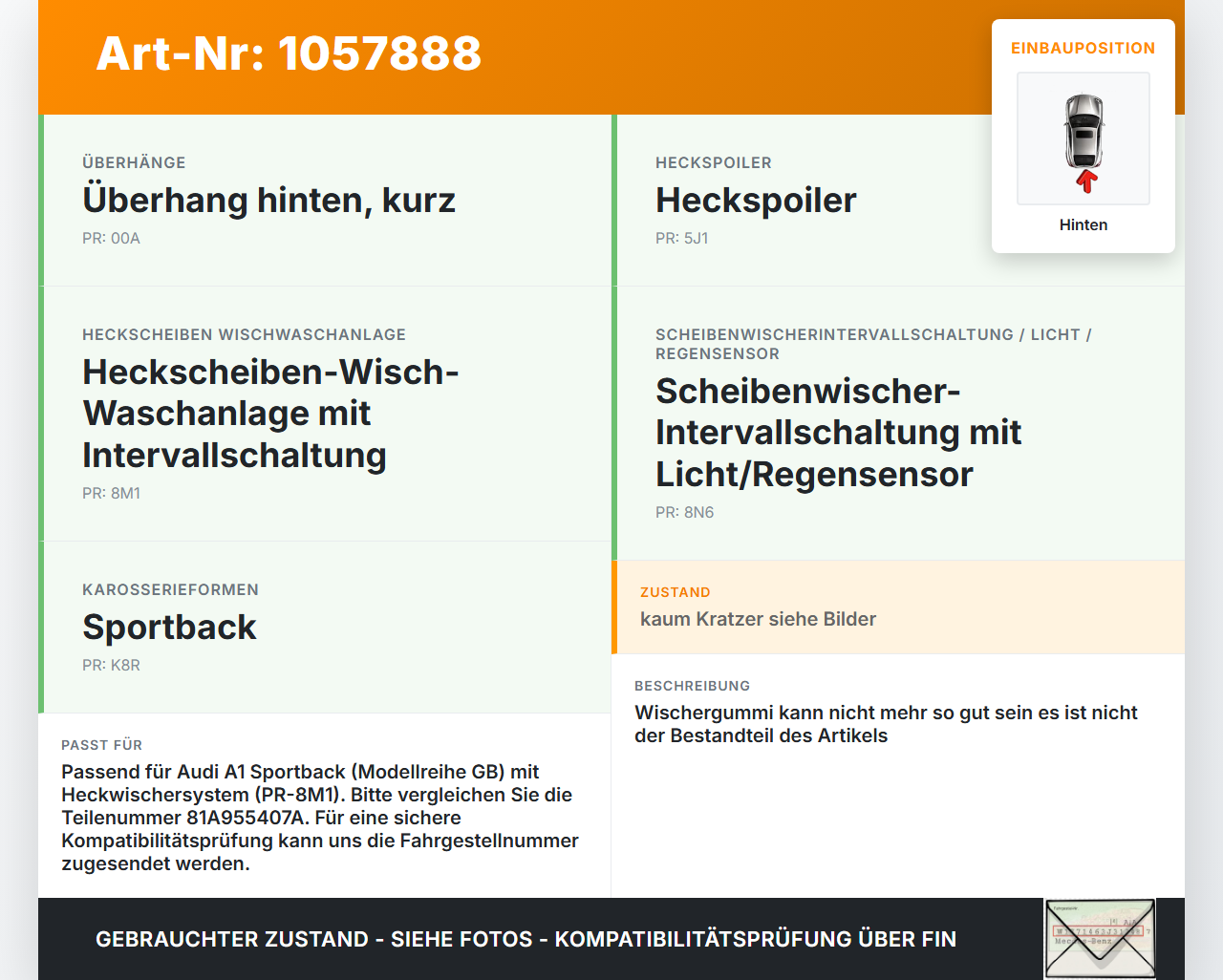 Audi A1 Sportback 18-24 Heckwischer Scheibenwischer Hinten Wischarm Audi A1 Sportback 18-24 29.03.2019 81A955407A... Vorschau 3