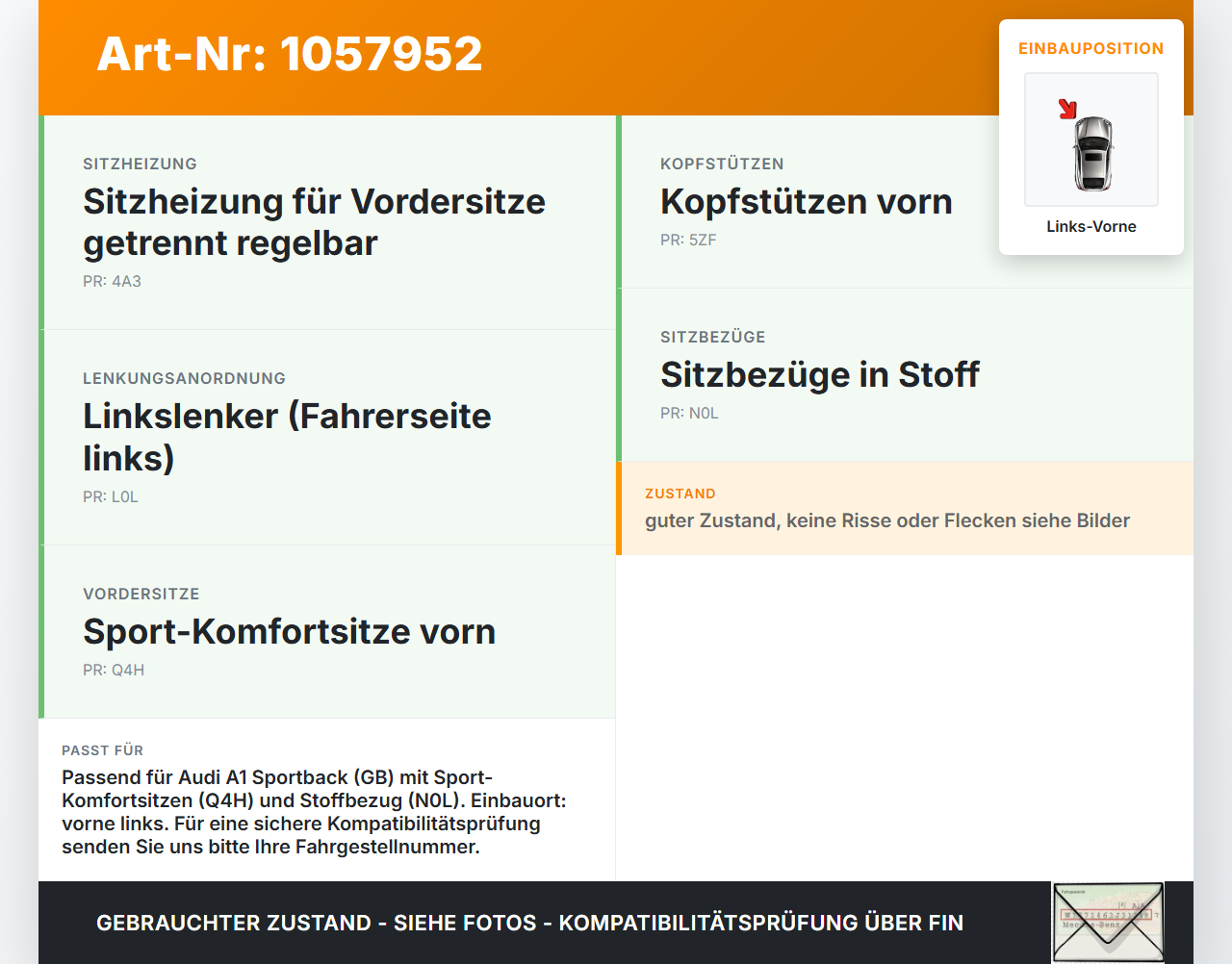 Audi A1 Sportback 18-24 Kopfstütze für Fahrer Links Vorne Audi A1 Sportback 18-24 29.03.2019 82A881901A... Vorschau 3