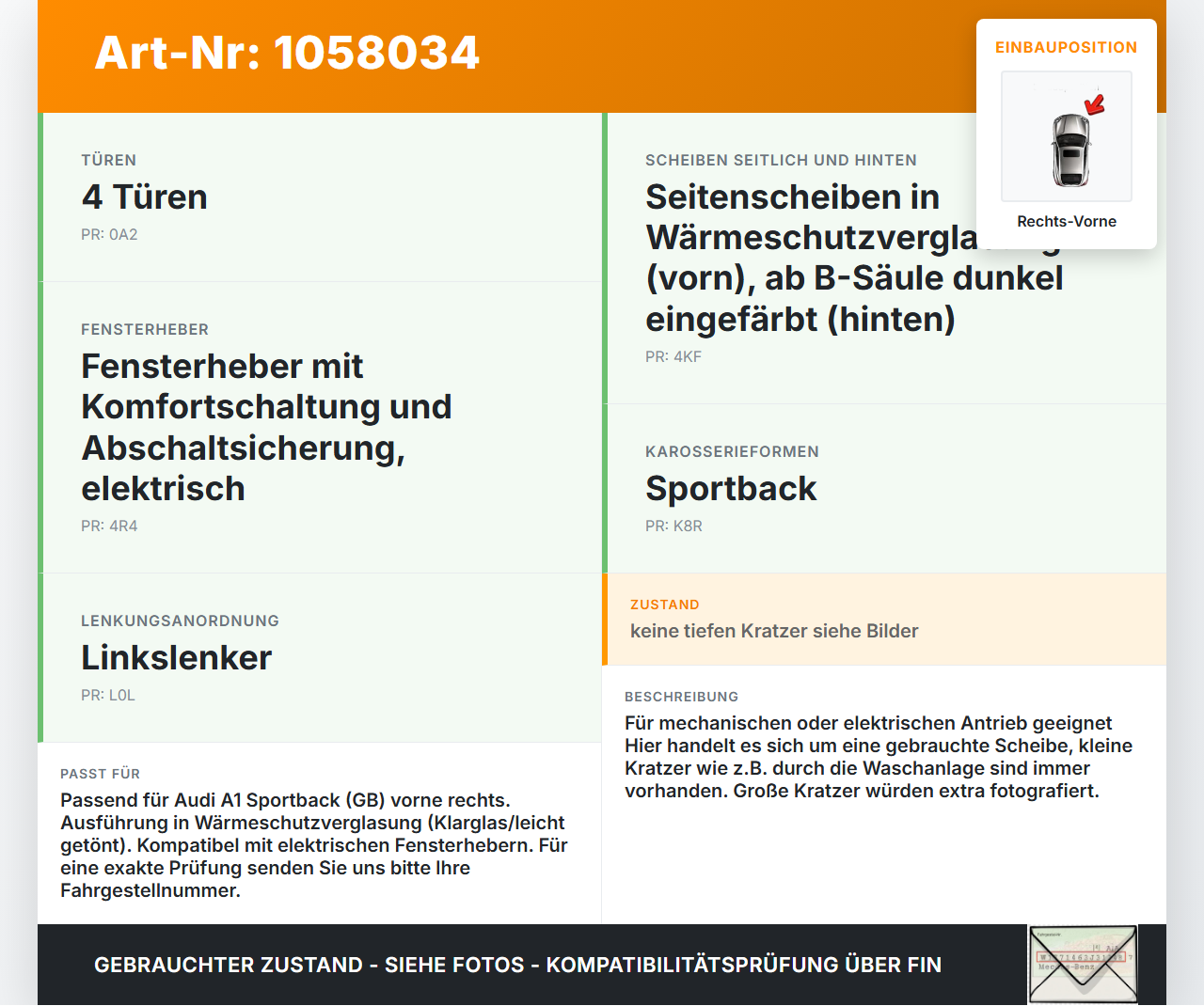 Audi A1 Sportback 18-24 Seitenscheibe RVK Türscheibe Rechts Vorne Audi A1 Sportback 18-24 29.03.2019 82G845202 gebraucht Vorschau 3