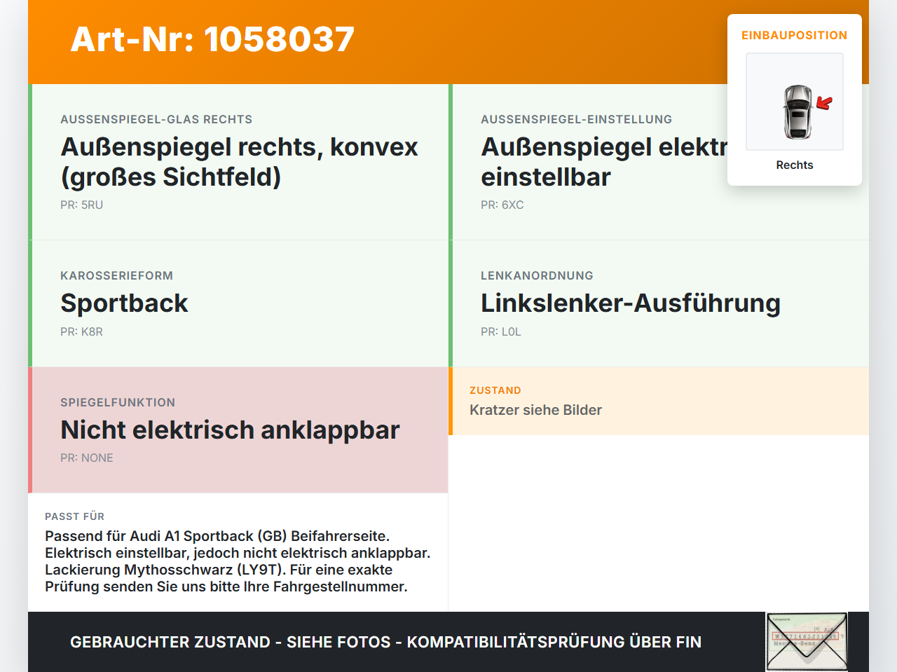 Audi A1 Sportback 18-24 Spiegel Aussenspiegel Rechts LY9T Audi A1 Sportback 18-24 29.03.2019 82B857410A gebraucht Vorschau 3
