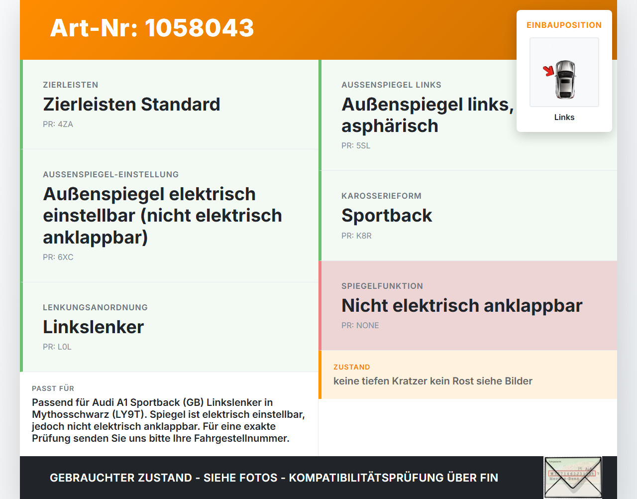 Audi A1 Sportback 18-24 Spiegel Aussenspiegel Links LY9T Audi A1 Sportback 18-24 29.03.2019 82B857409A gebraucht Vorschau 3