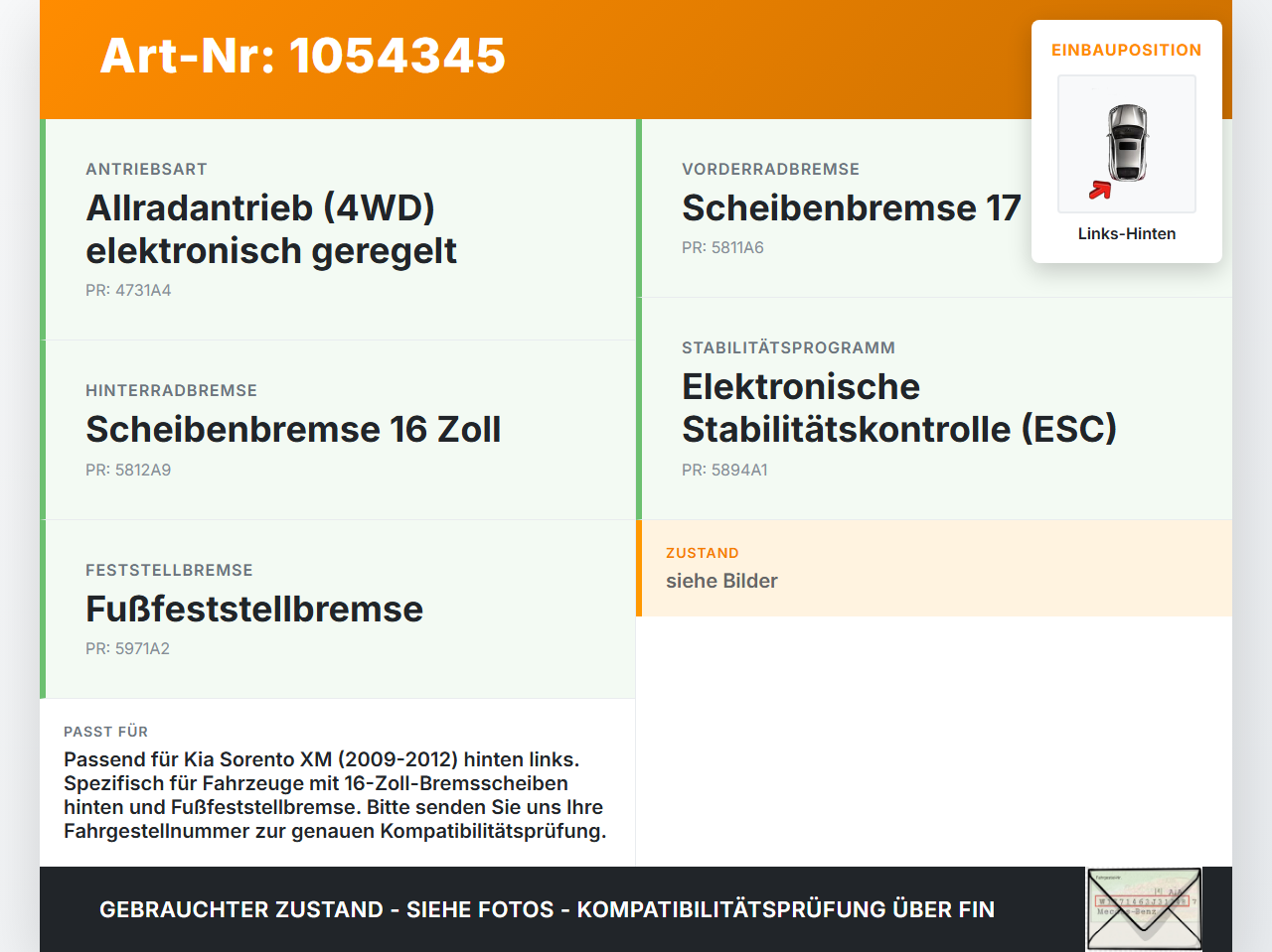 Kia Sorento XM 09-12 CRDi 2,2 145KW Bremssattel Bremszange Hinten Links Kia Sorento XM 09-12 19.05.2010 BC140111... Vorschau 3