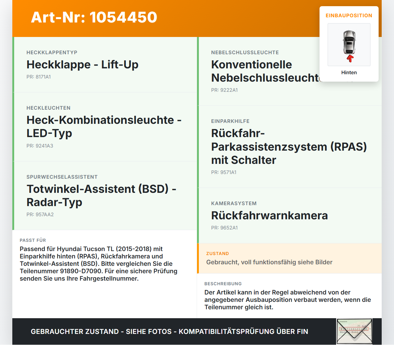 Hyundai Tucson TL 15-18 PDC Kabelbaum Hinten Hyundai Tucson TL 15-18 30.03.2017 91890-D7090 gebraucht Vorschau 3
