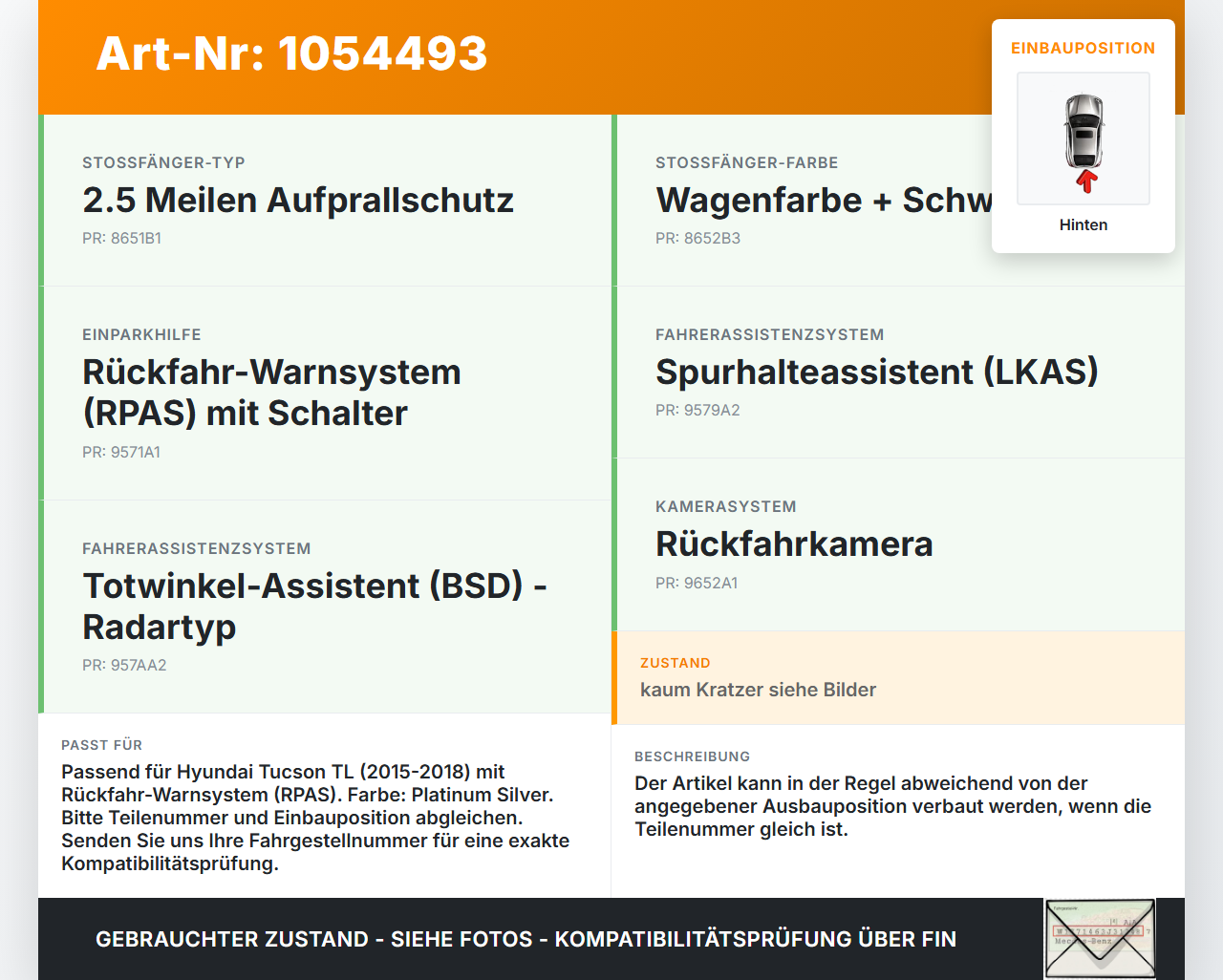 Hyundai Tucson TL 15-18 Abstands Sensor Parksensor PDC Hinten Innen Pos.1 Hyundai Tucson TL 15-18 30.03.2017... Vorschau 3