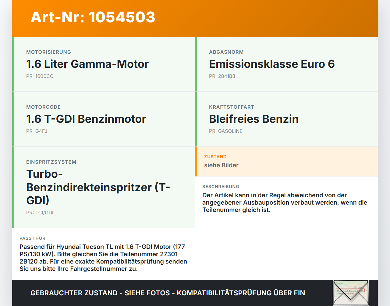 Hyundai Tucson TL 15-18 1,6 130KW Zündspule Zyl.3 Hyundai Tucson TL 15-18 30.03.2017 27301-2B120 16M0800486G gebraucht Vorschau 3