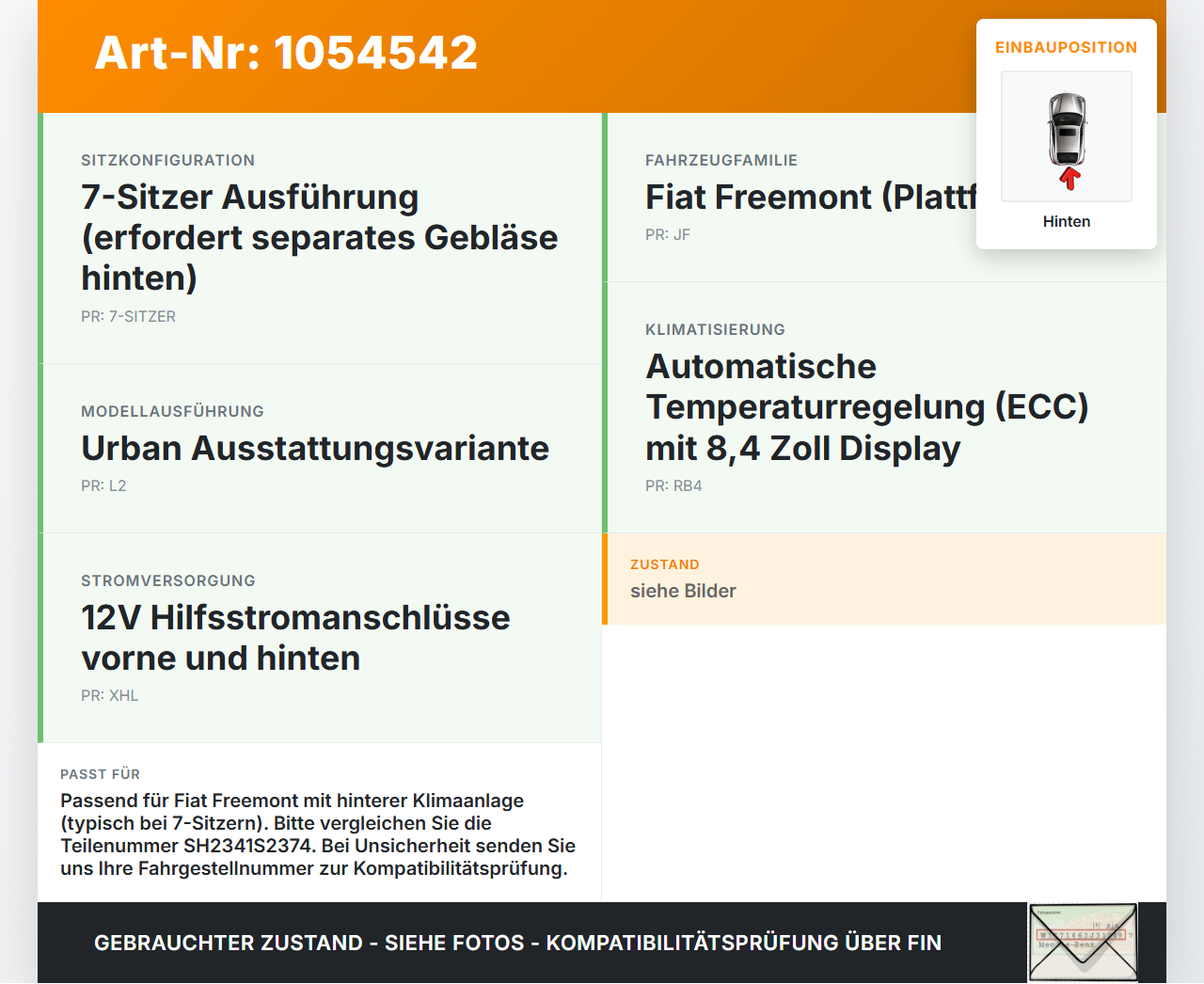 Fiat Freemont 11-16 Widerstand Gebläse Lüfter Hinten Fiat Freemont 11-16 17.02.2011 VZT1000443U SH2341S2374 gebraucht Vorschau 3
