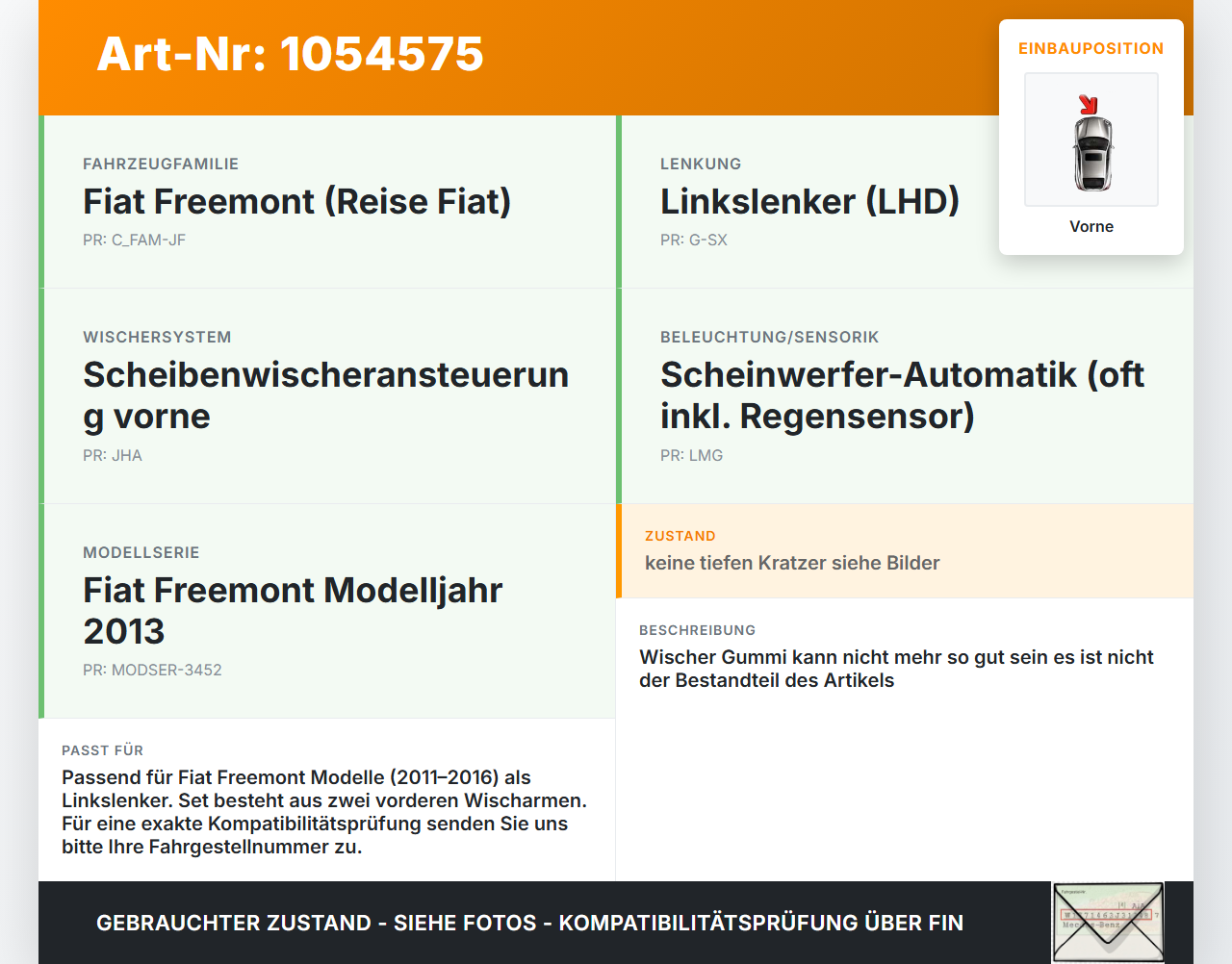 Fiat Freemont 11-16 2x Scheibenwischer Wischarm Vorne Fiat Freemont 11-16 17.02.2011 gebraucht Vorschau 3