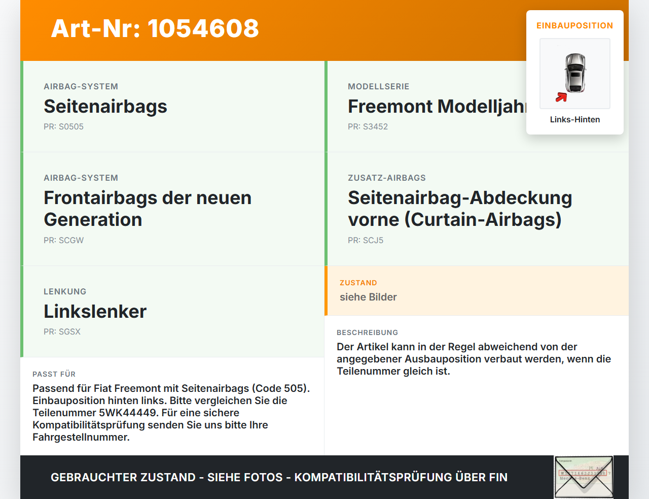 Fiat Freemont 11-16 Sensor für Airbag Crashsensor Airbagsensor Links Hinten Fiat Freemont 11-16 17.02.2011... Vorschau 3
