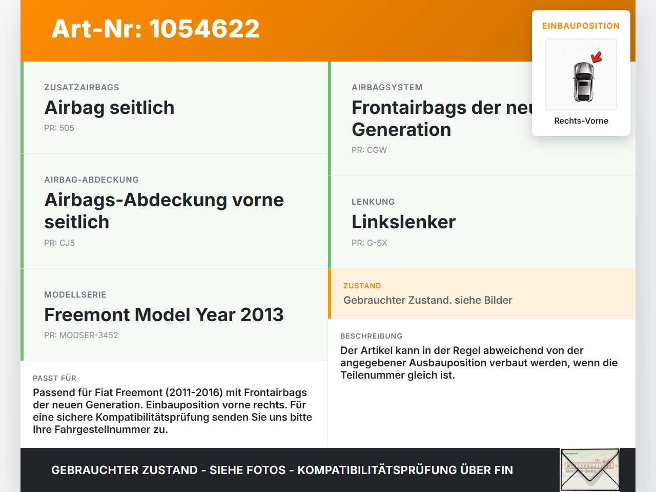 Fiat Freemont 11-16 Sensor Airbag Crashsensor Airbagsensor Rechts Vorne Fiat Freemont 11-16 17.02.2011 P56038950AA... Vorschau 3