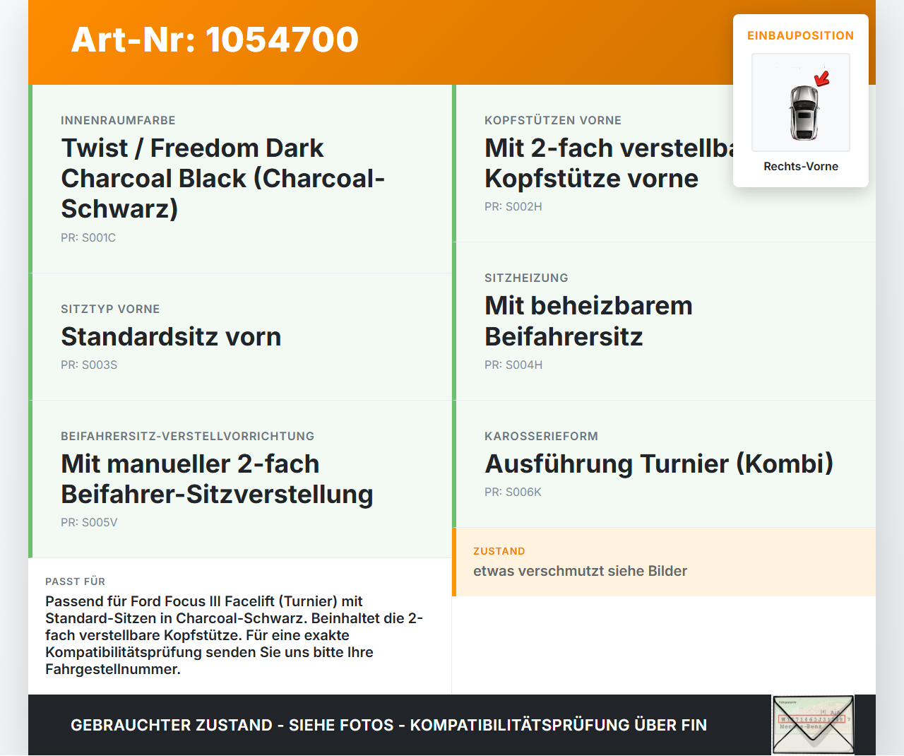 Ford Focus III 3 14-20 Kombi Kopfstütze für Beifahrer Sitz Rechts Vorne Ford Focus III 3 14-20 05.07.2017 gebraucht Vorschau 3